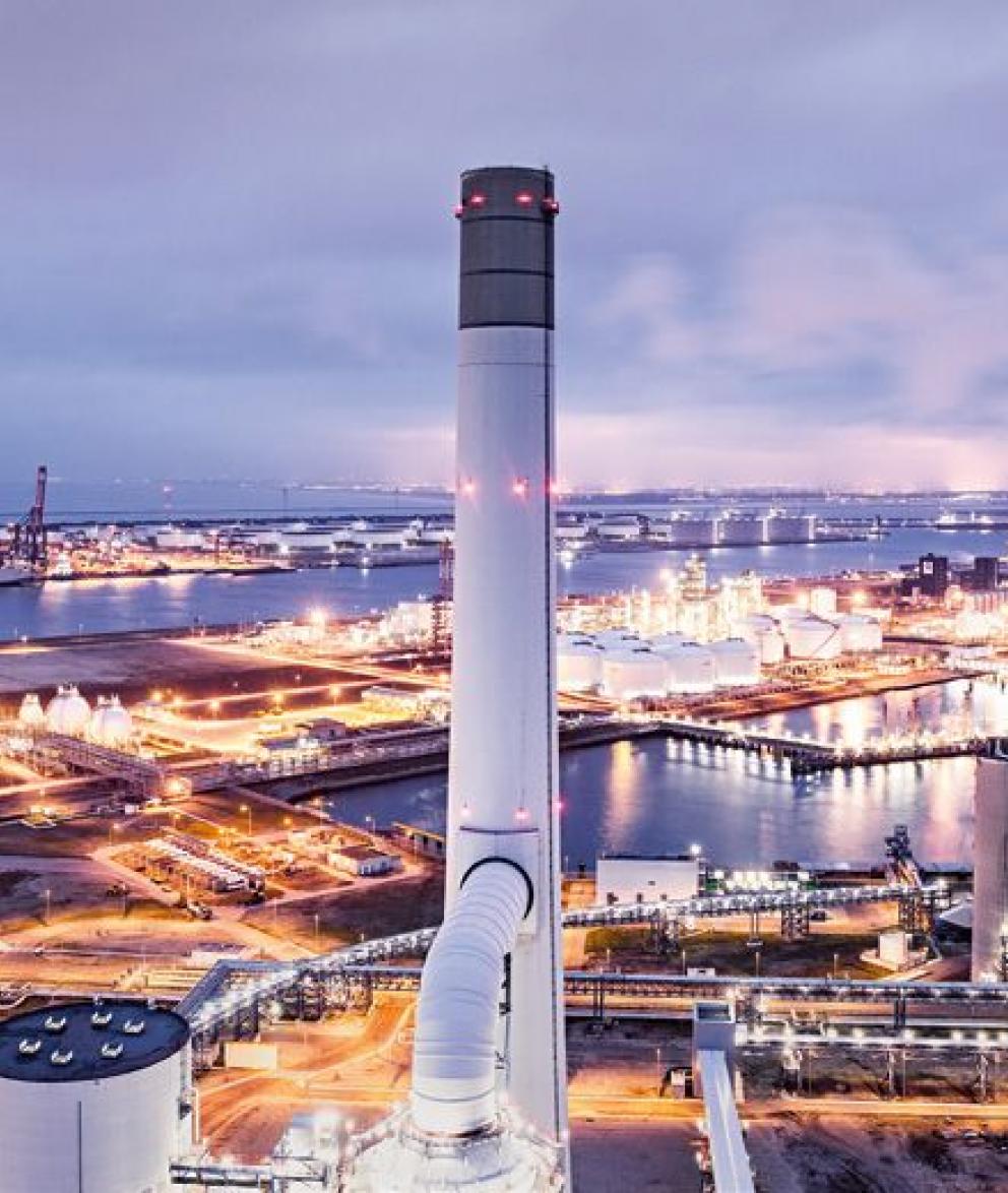 Aerial view of Maasvlakte power plant in the Netherlands at night