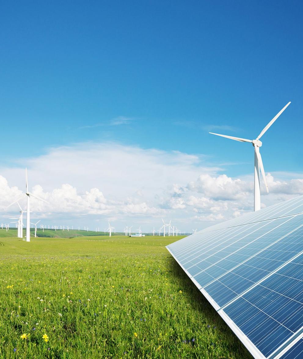 Stock images of solar panels and wind turbines