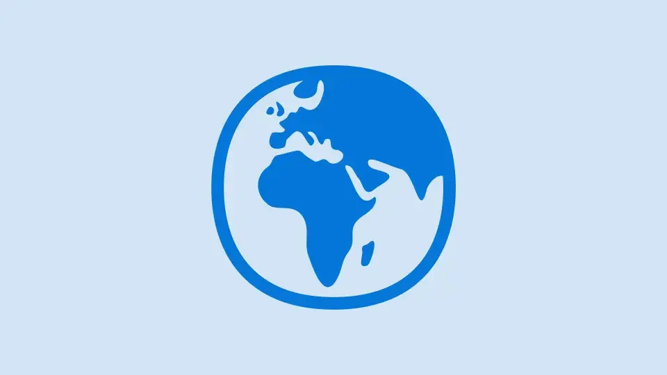 Blue icon of a globe showing Europe, Africa, and the Middle East, representing international standards.
