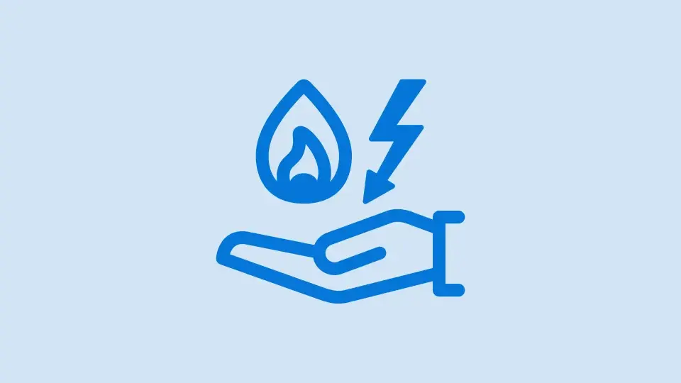 Blue icon of a hand holding energy symbols for gas and electricity, representing risk management and responsible energy use.