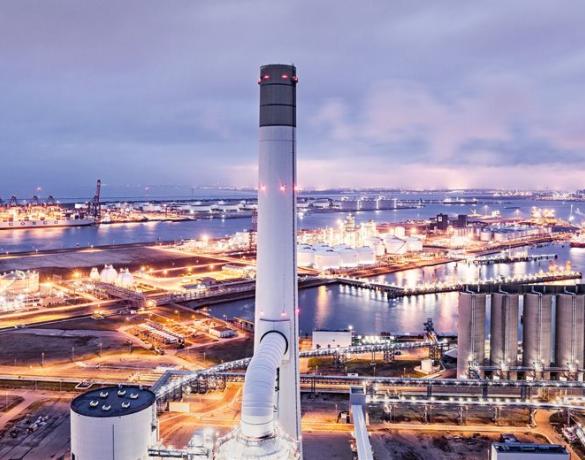 Aerial view of Maasvlakte power plant in the Netherlands at night