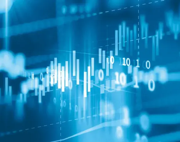 A digital representation of financial data with bar charts and binary code, symbolizing investments and economic strategies.