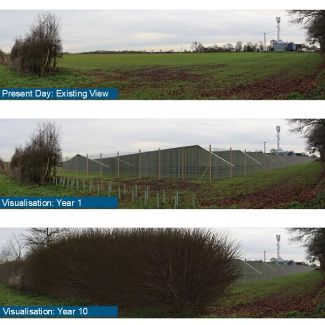 Sutton Bonington solar farm visualisation - present day existing view of field, solar farm year 1, solar farm with hedgerows year 10